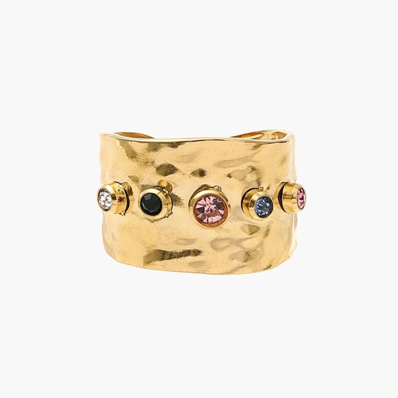 New 18KG FP Cubic Zirconia Rainbow Textured Gold Plated Open Cuff Cocktail Ring - Picture 13 of 15